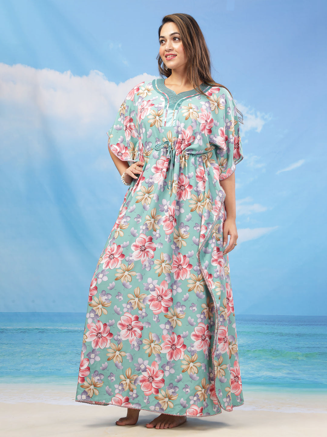 Green Floral Print Rayon Kaftan Dress for Women