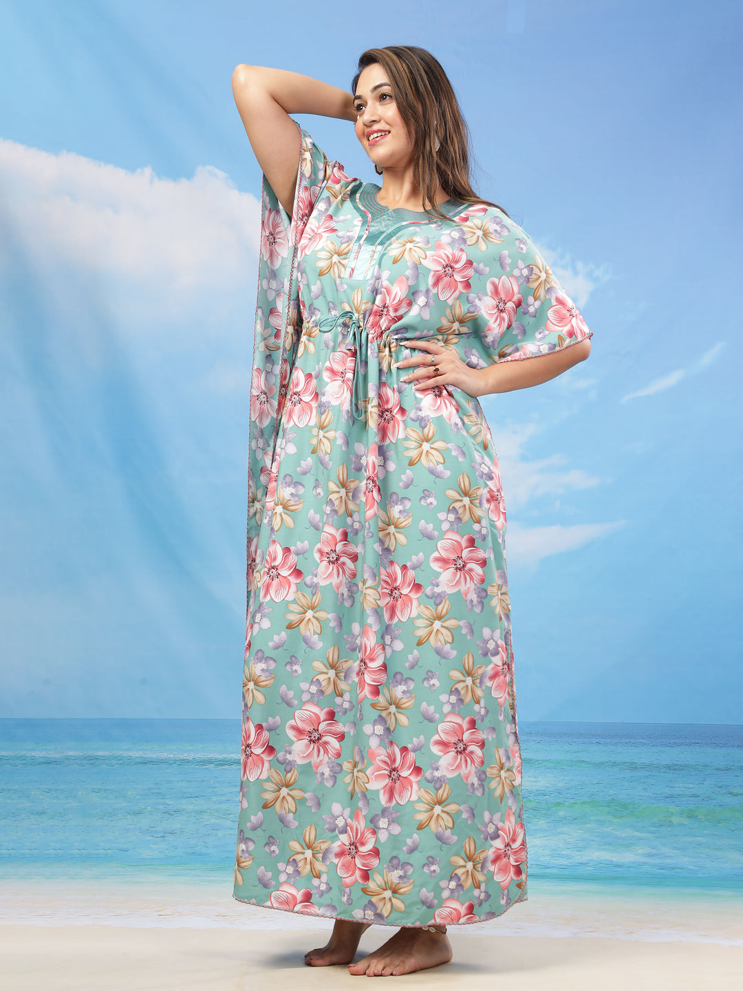 Green Floral Print Rayon Kaftan Dress for Women