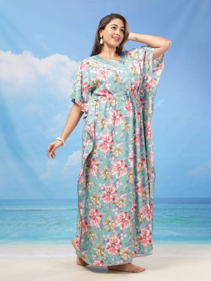 Green Floral Print Rayon Kaftan Dress for Women