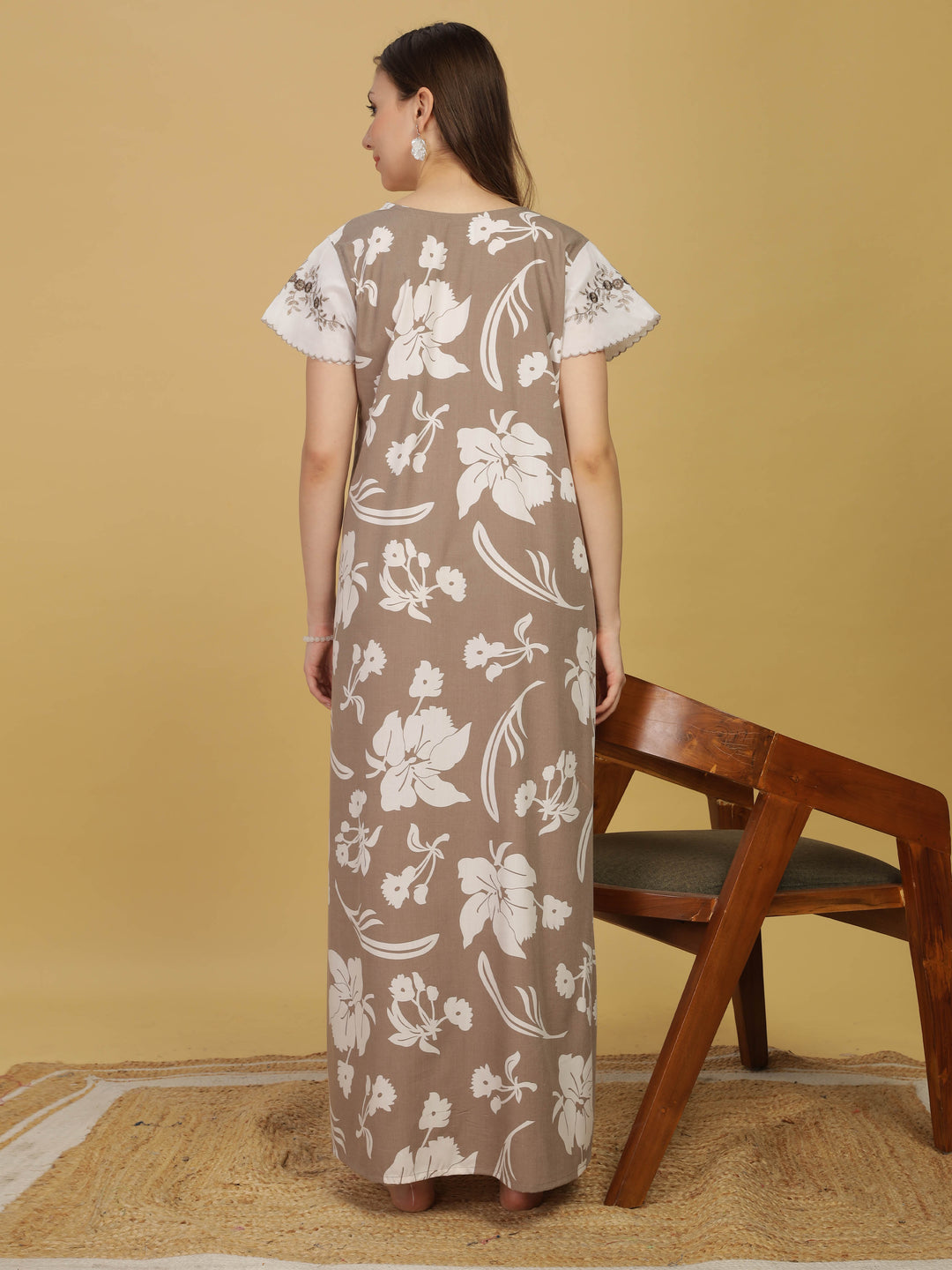 Stylish Grey Floral Nightdress with Embroidery & Frills