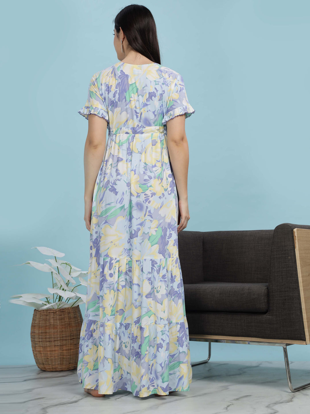 Blue Floral Rayon Frock Style Nighties For Women