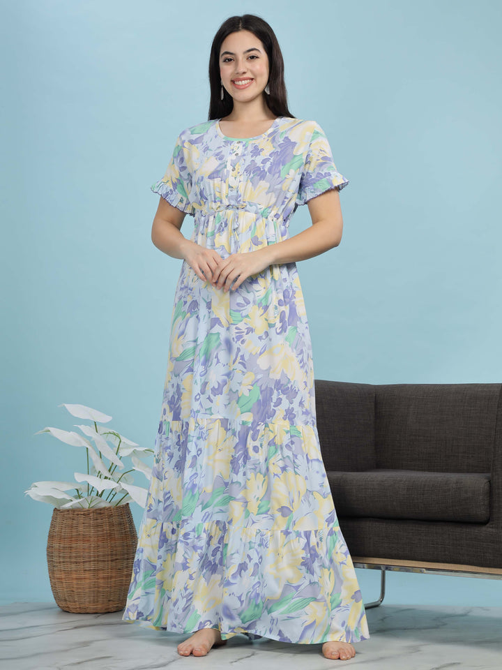 Blue Floral Rayon Frock Style Nighties For Women