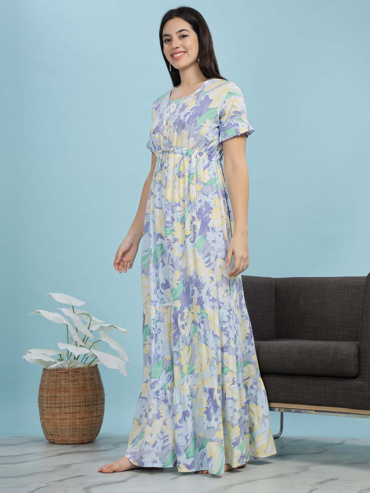 Blue Floral Rayon Frock Style Nighties For Women