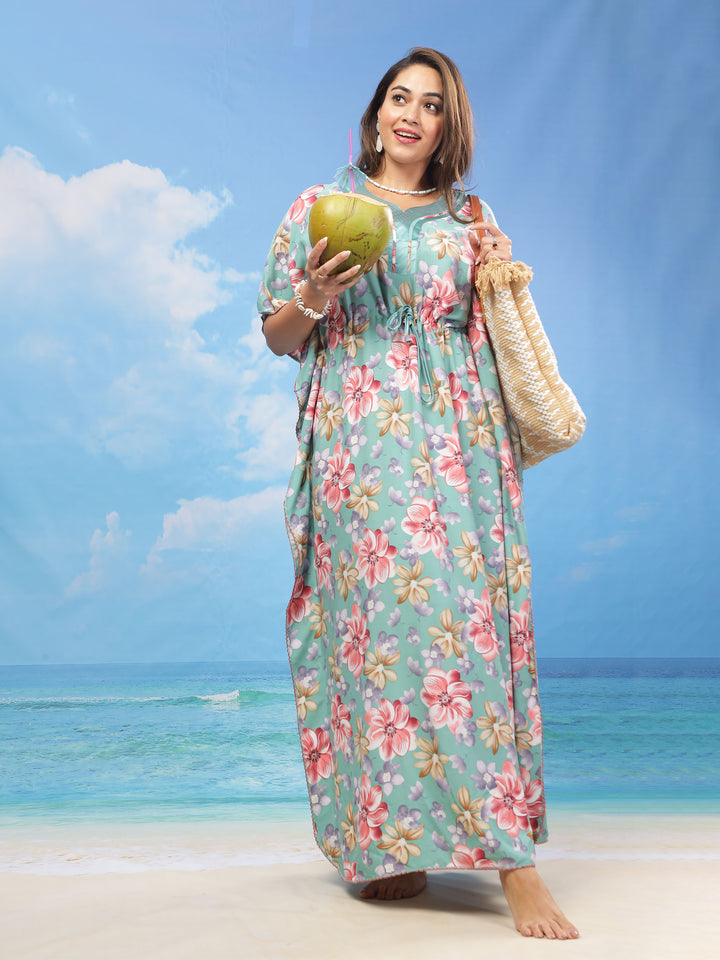 Green Floral Print Rayon Kaftan Dress for Women