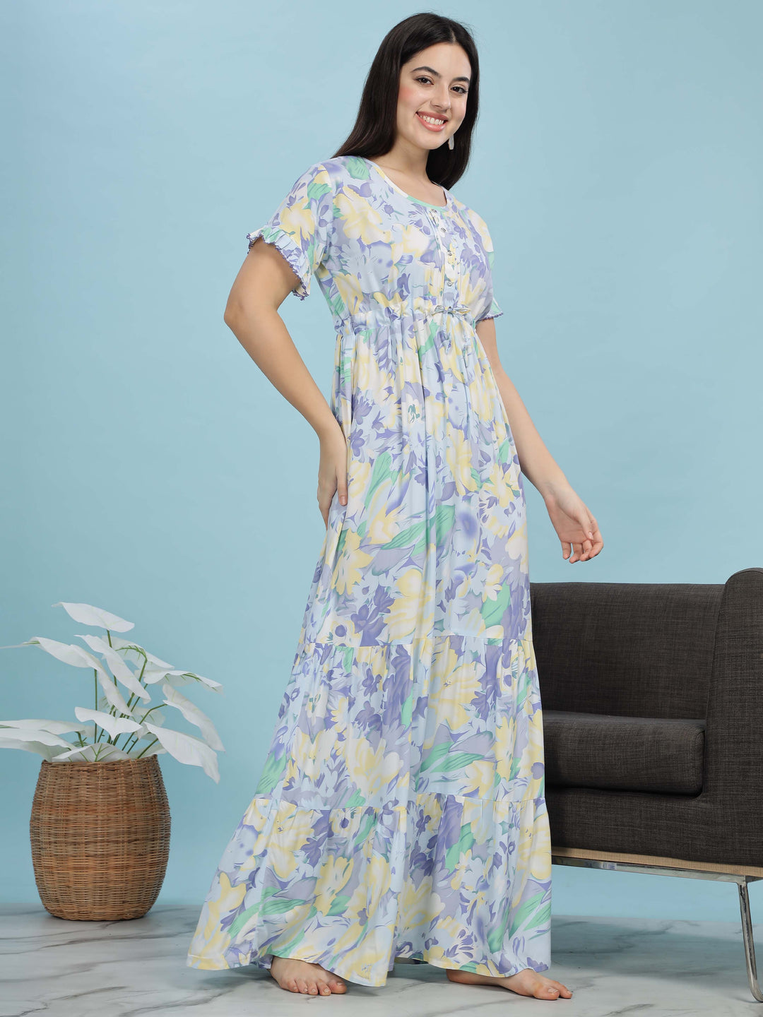 Blue Floral Rayon Frock Style Nighties For Women