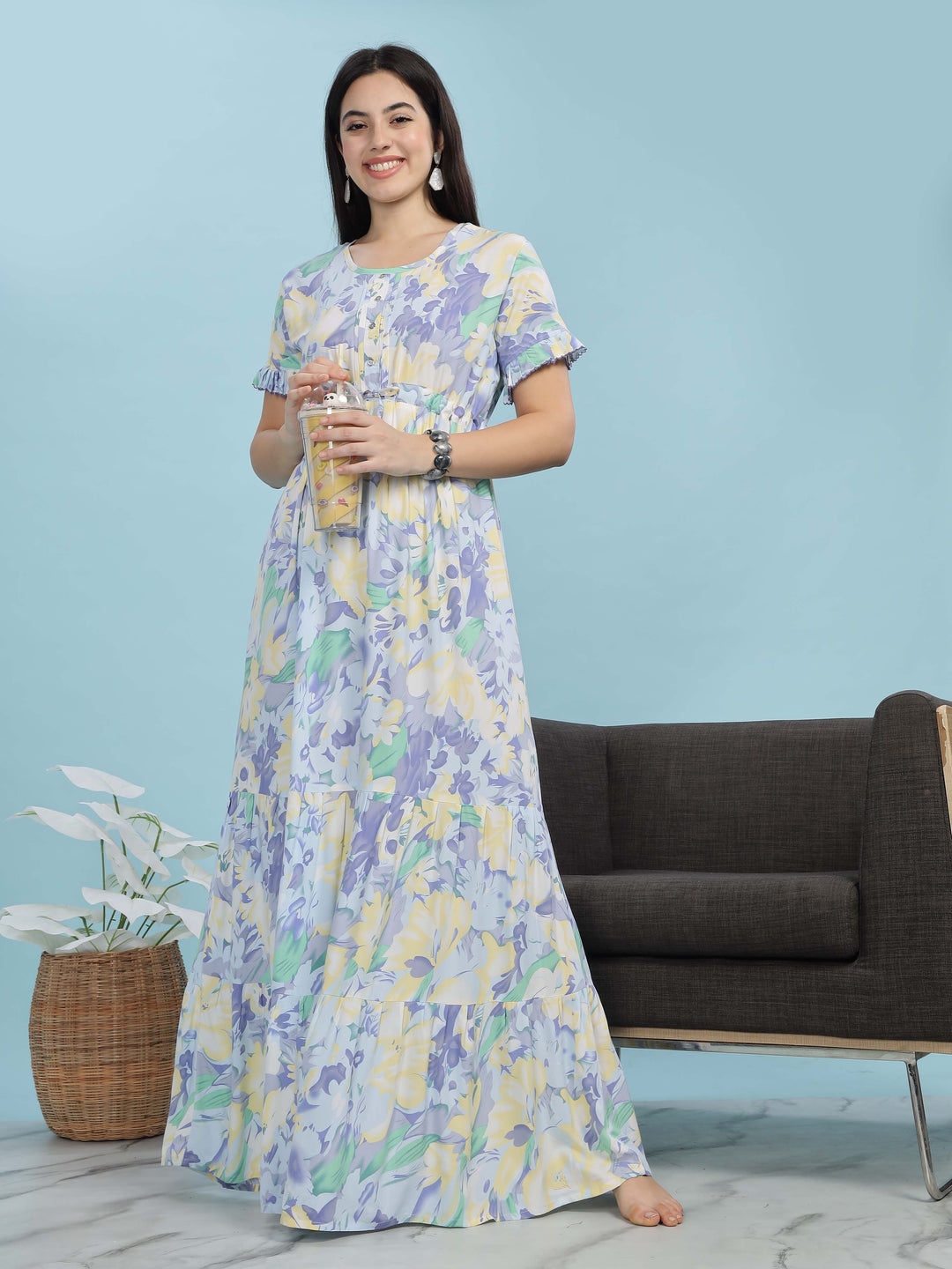 Blue Floral Rayon Frock Style Nighties For Women