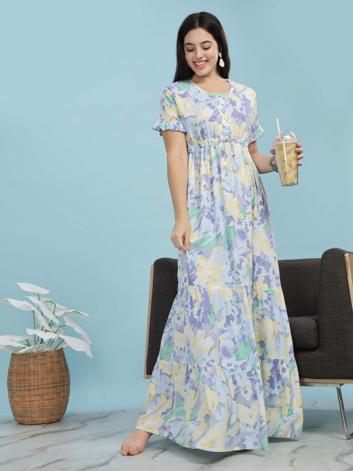 Blue Floral Rayon Frock Style Nighties For Women