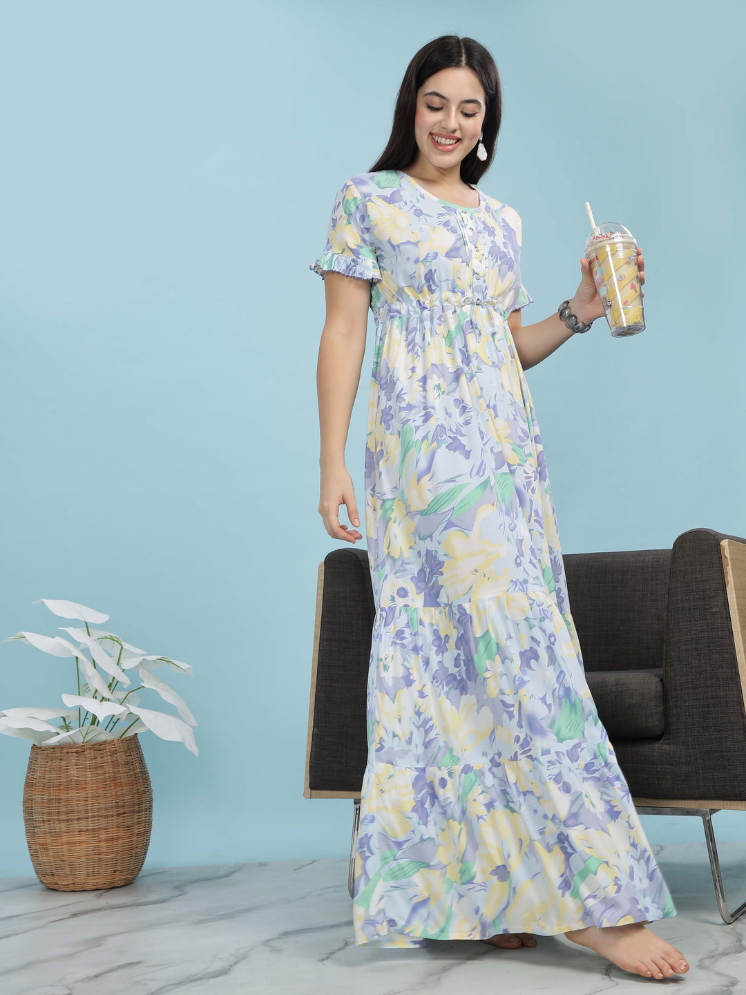 Blue Floral Rayon Frock Style Nighties For Women