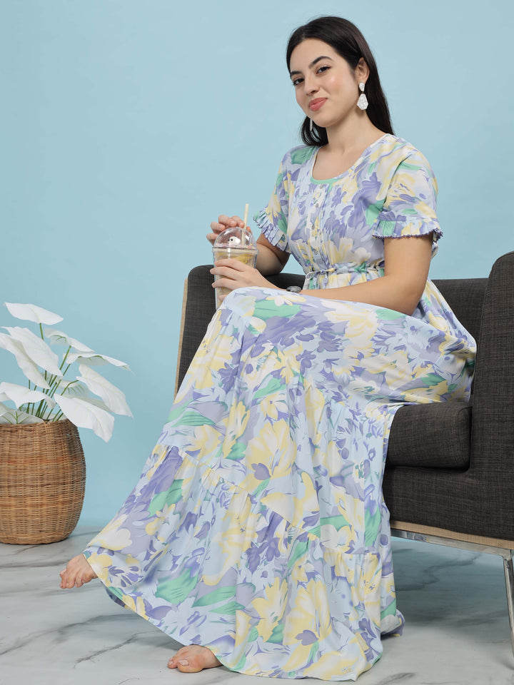 Blue Floral Rayon Frock Style Nighties For Women