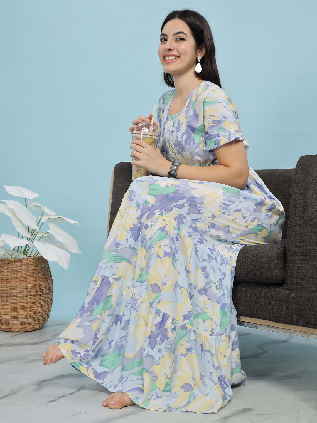 Blue Floral Rayon Frock Style Nighties For Women