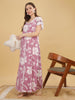 Purple Designer Nighty with Floral Print, Embroidery & Frills