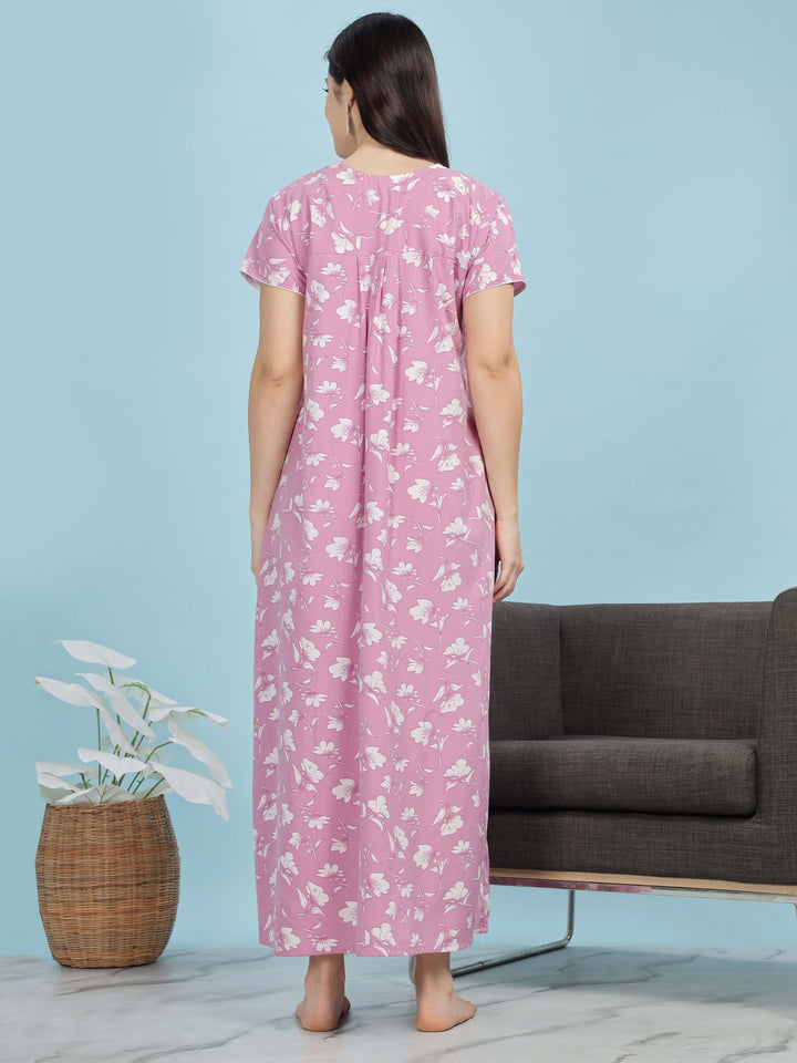 Light Pink Pleated Designer Nighty With Embroidered Neck