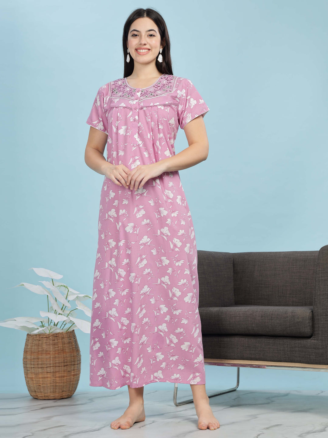 Light Pink Pleated Designer Nighty With Embroidered Neck