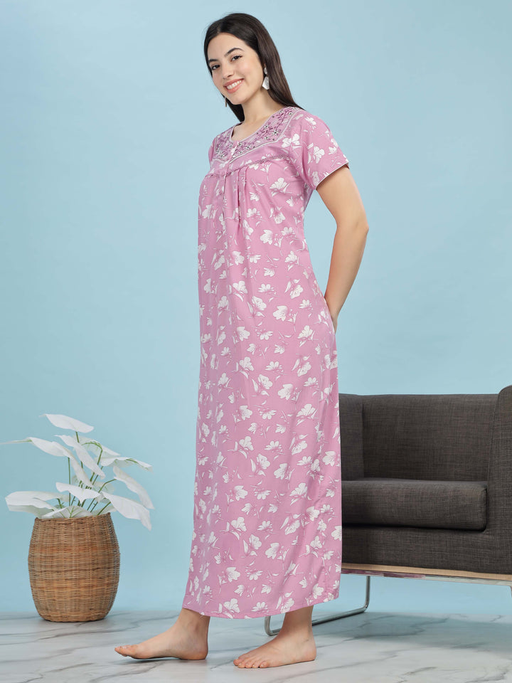 Light Pink Pleated Designer Nighty With Embroidered Neck