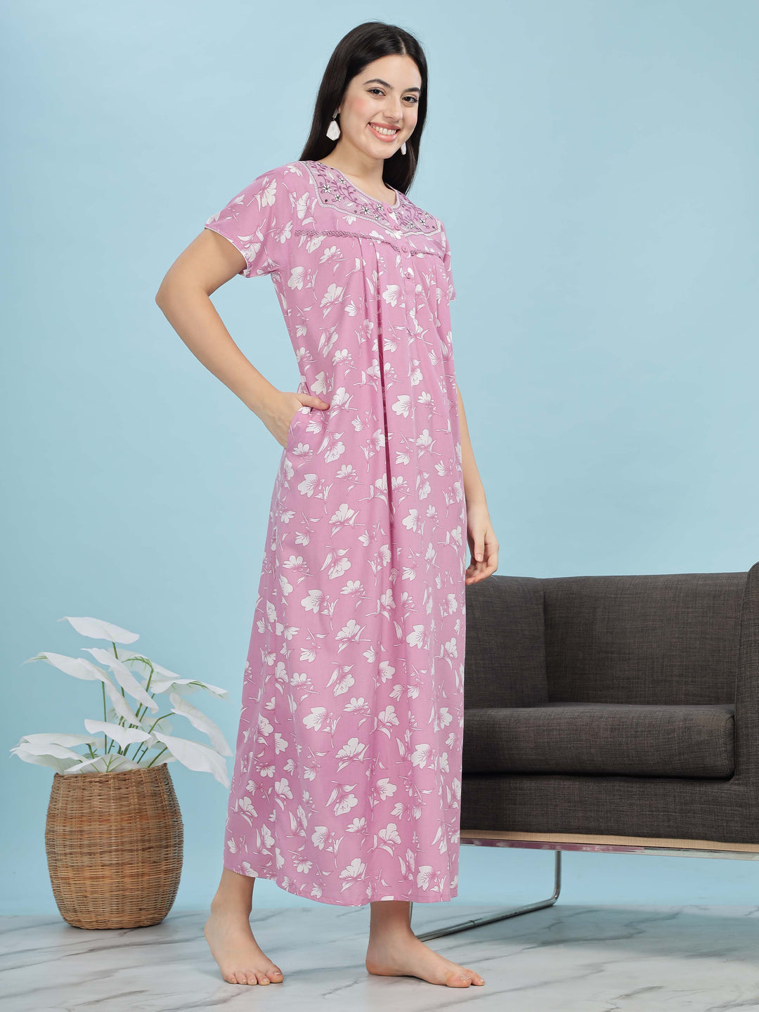 Light Pink Pleated Designer Nighty With Embroidered Neck