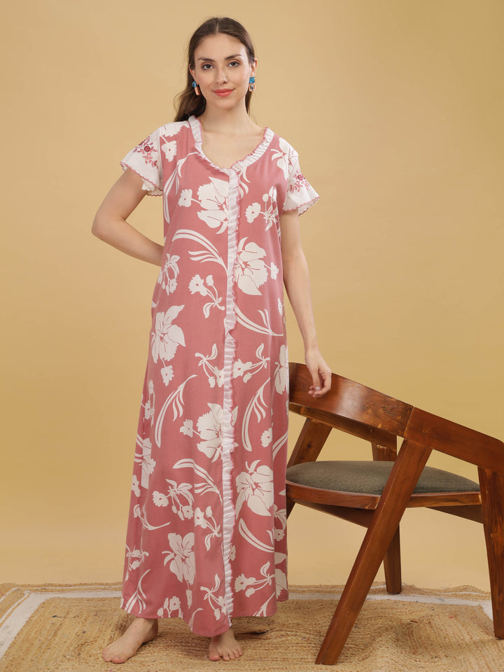 Peach Cap Sleeve Nightdress with Elegant Floral Prints & Pocket