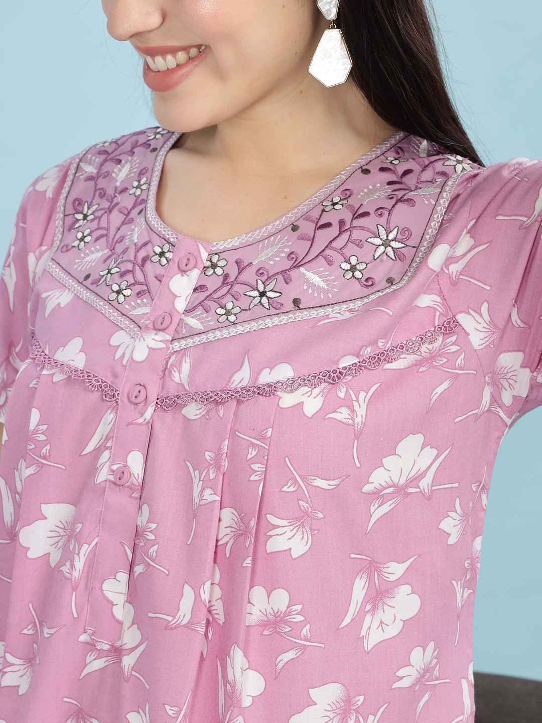 Light Pink Pleated Designer Nighty With Embroidered Neck