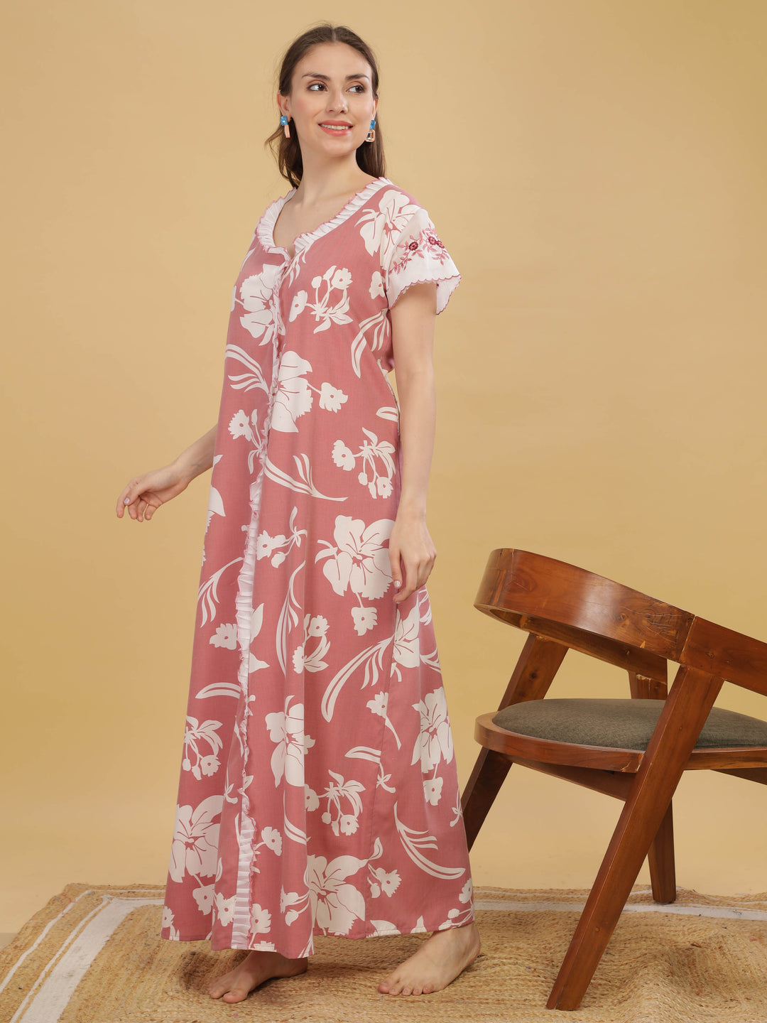 Peach Cap Sleeve Nightdress with Elegant Floral Prints & Pocket