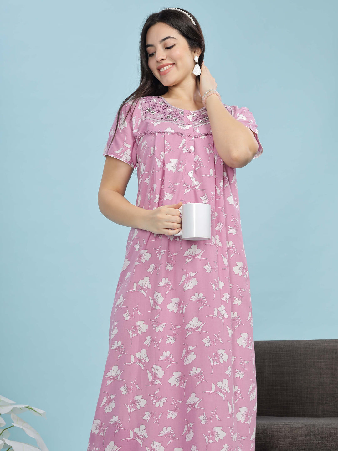 Light Pink Pleated Designer Nighty With Embroidered Neck