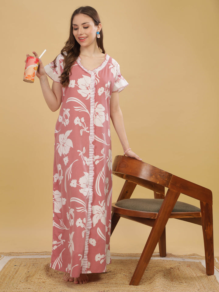 Peach Cap Sleeve Nightdress with Elegant Floral Prints & Pocket