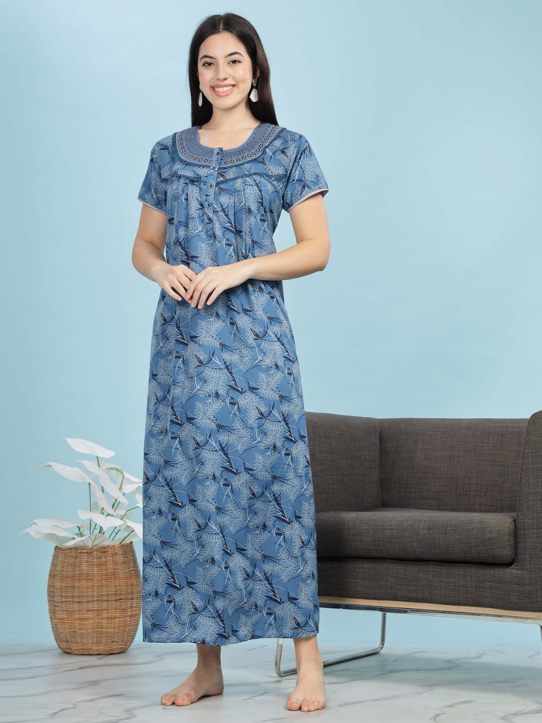 Chic Blue Floral Nighty | Cozy & Contemporary Sleepwear