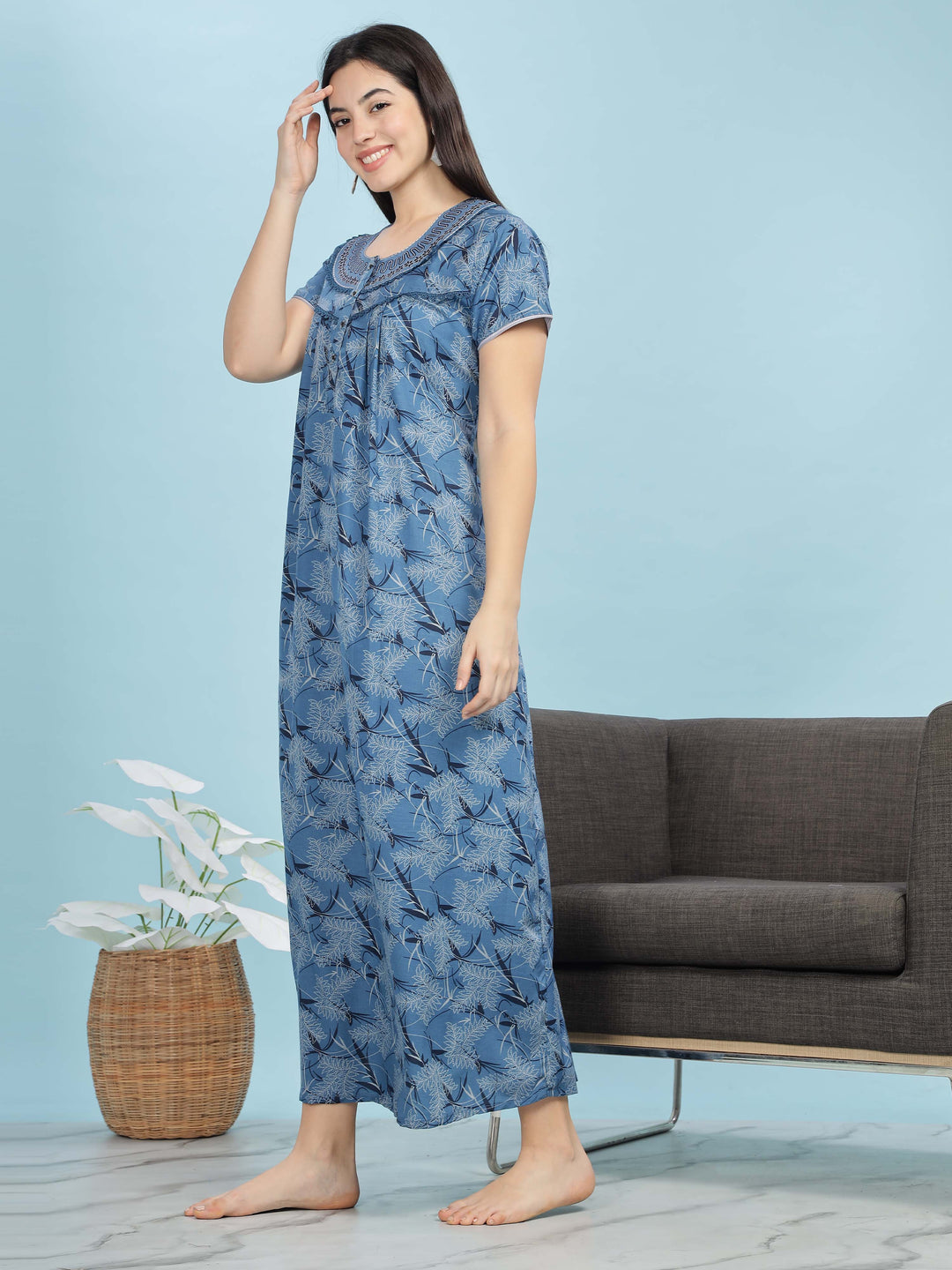 Chic Blue Floral Nighty | Cozy & Contemporary Sleepwear