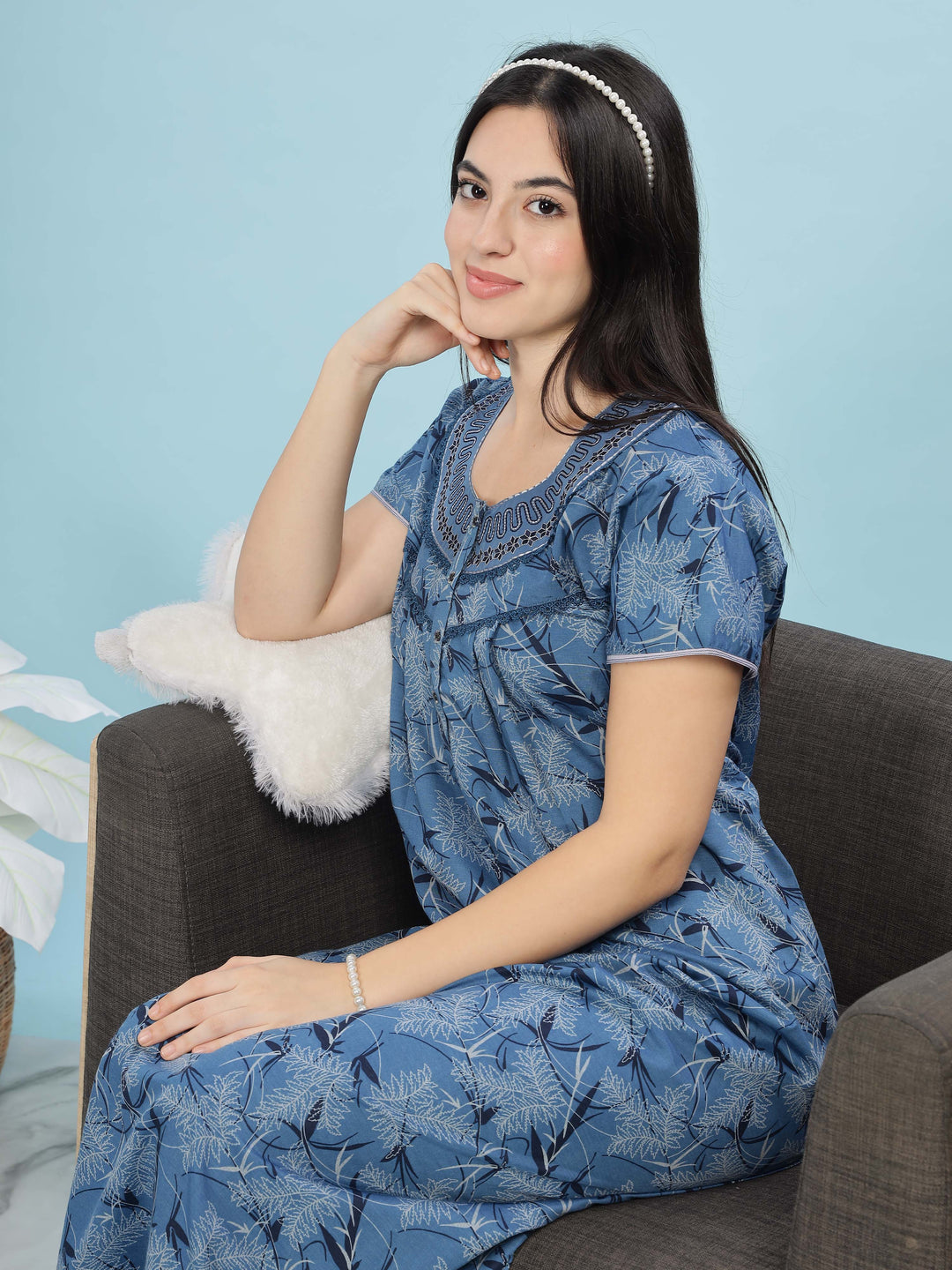 Chic Blue Floral Nighty | Cozy & Contemporary Sleepwear