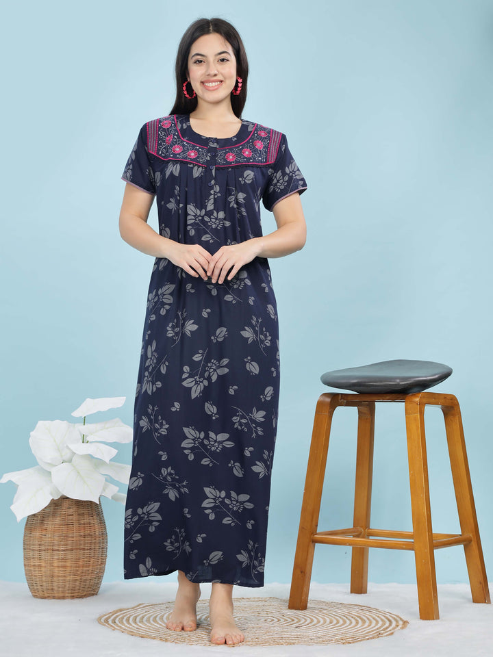 Navy Blue Nightie For Women with Embroidered Neckline