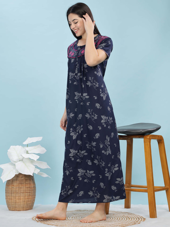 Navy Blue Nightie For Women with Embroidered Neckline