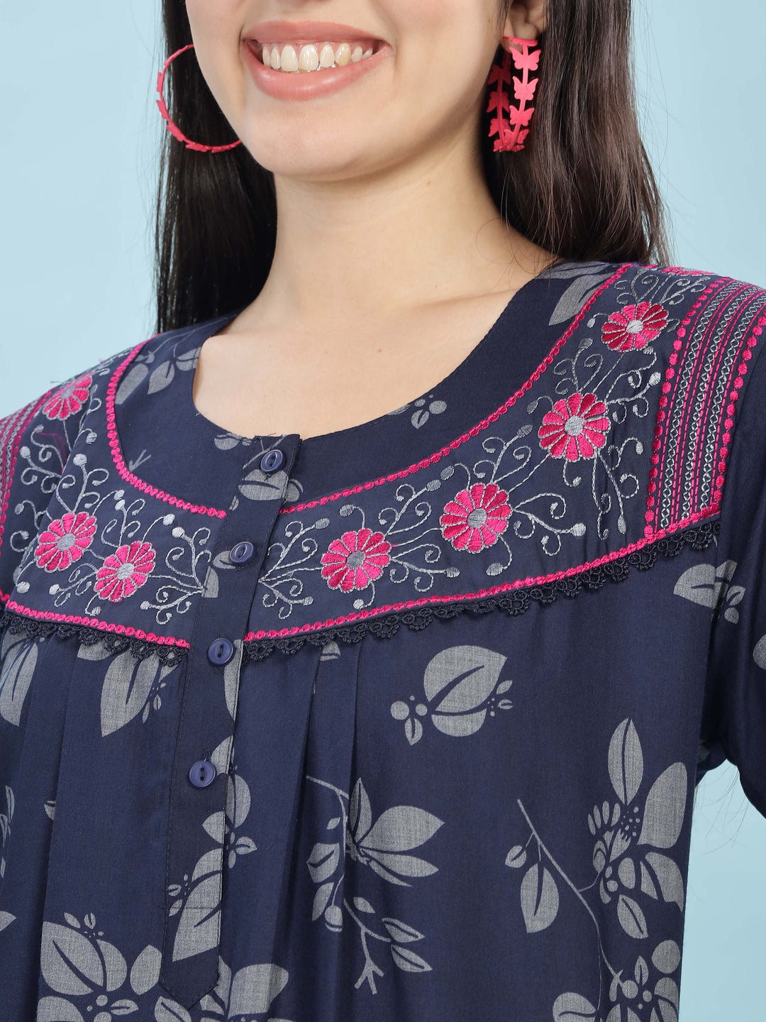 Navy Blue Nightie For Women with Embroidered Neckline