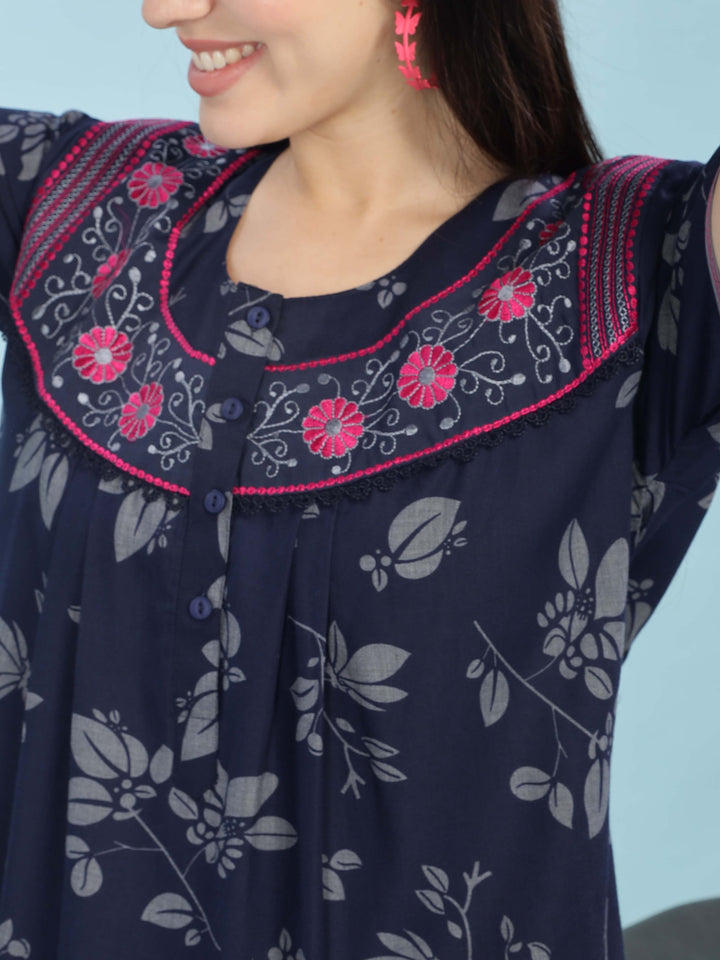 Navy Blue Nightie For Women with Embroidered Neckline