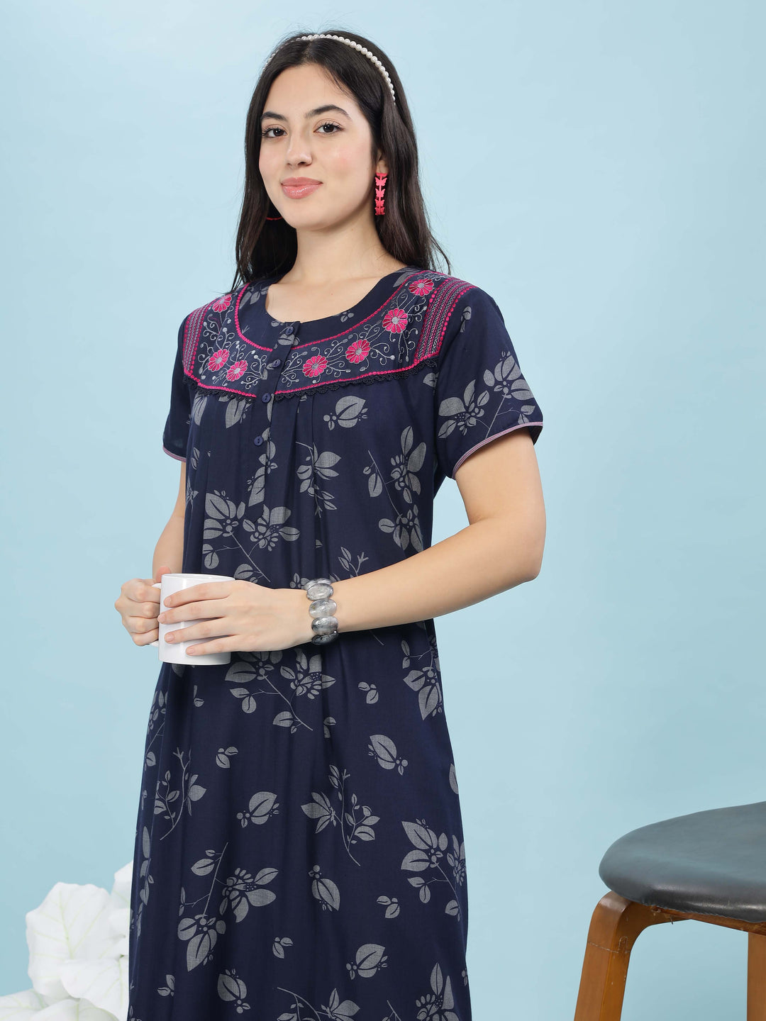 Navy Blue Nightie For Women with Embroidered Neckline