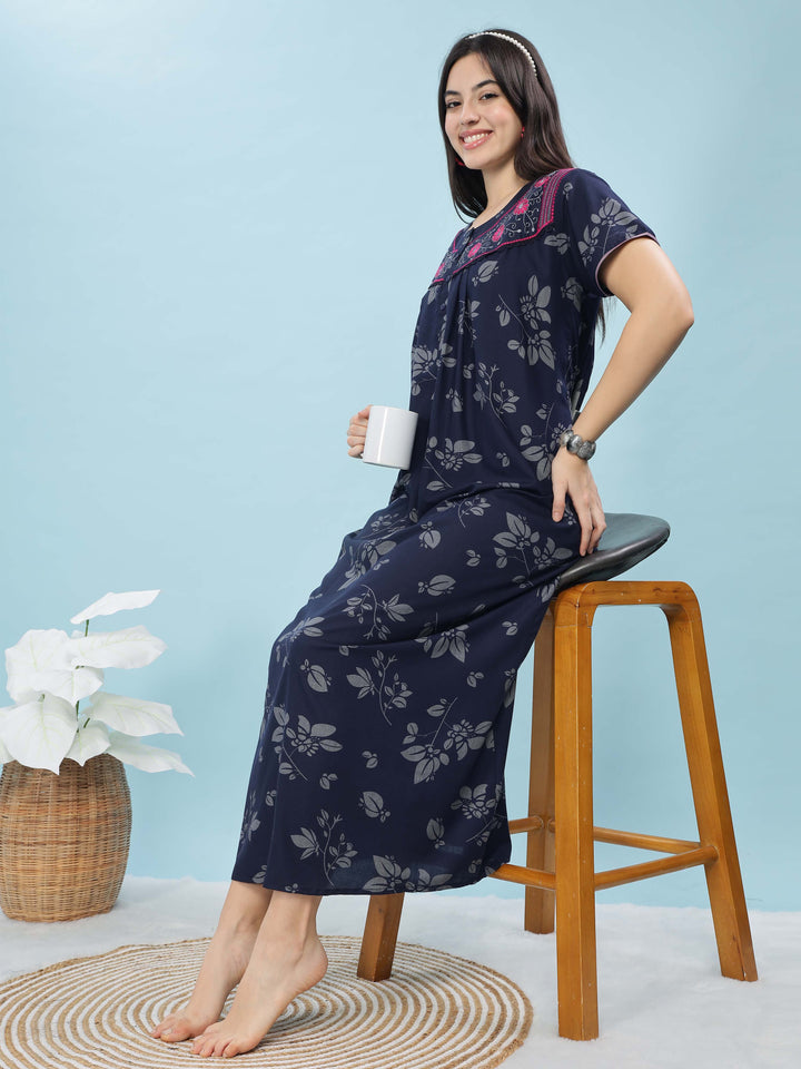 Navy Blue Nightie For Women with Embroidered Neckline