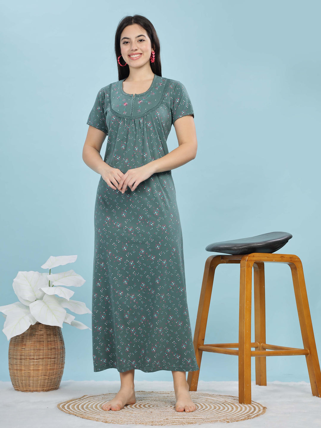 Jade Green Cotton Blend Maxi Nightdress for Women