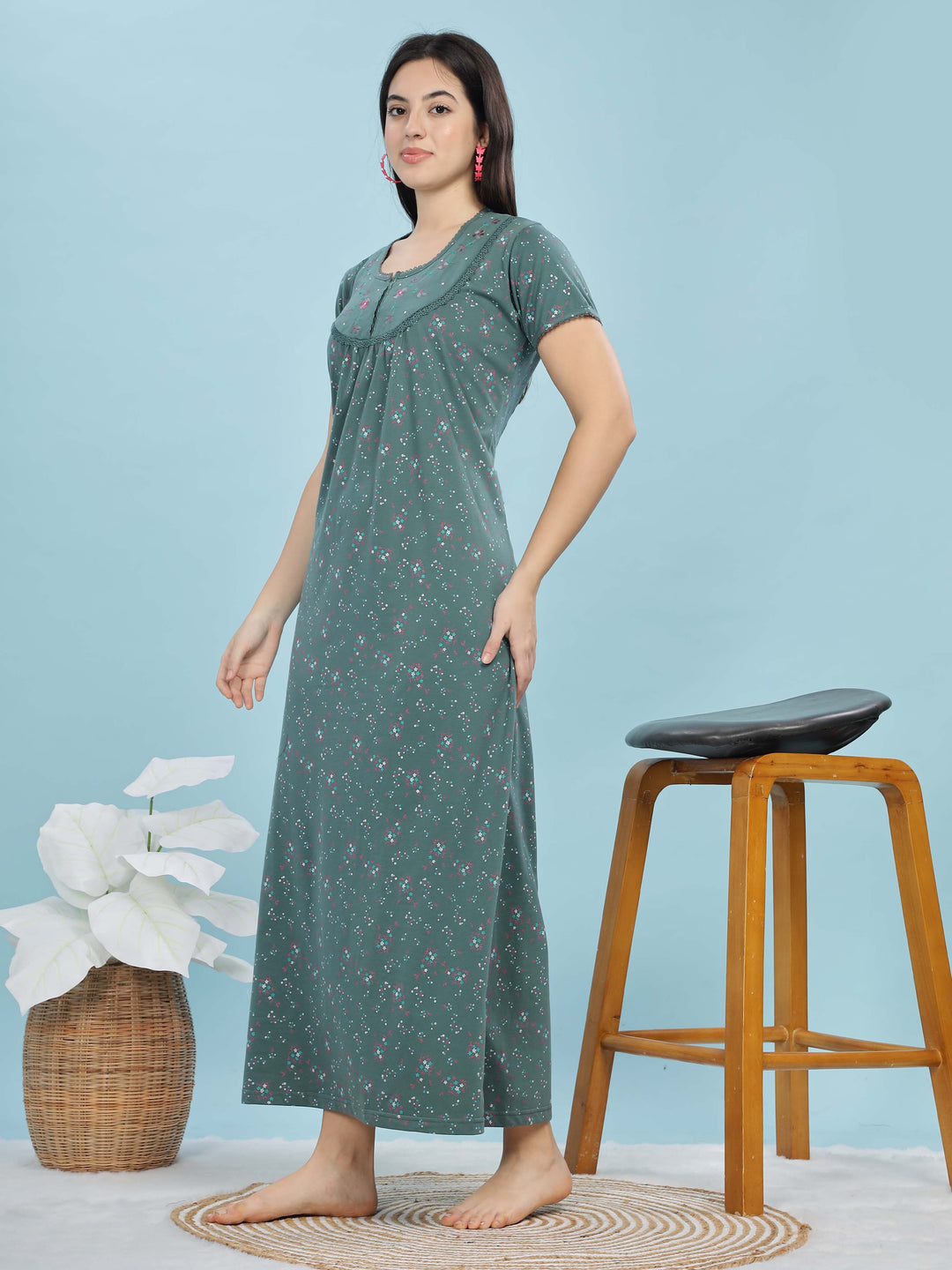 Jade Green Cotton Blend Maxi Nightdress for Women