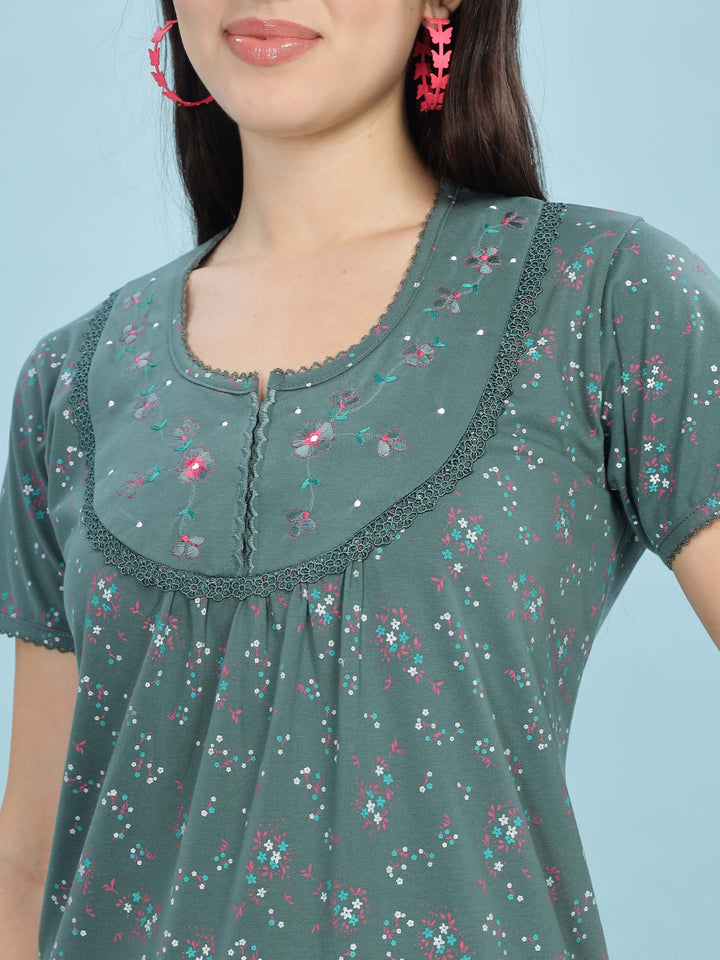 Jade Green Cotton Blend Maxi Nightdress for Women