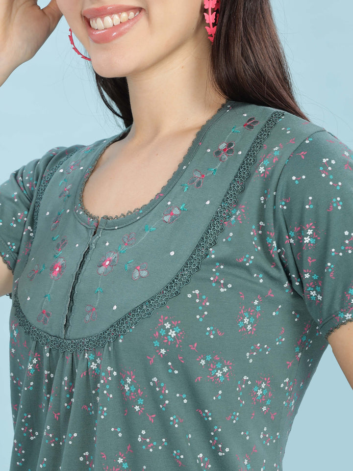 Jade Green Cotton Blend Maxi Nightdress for Women