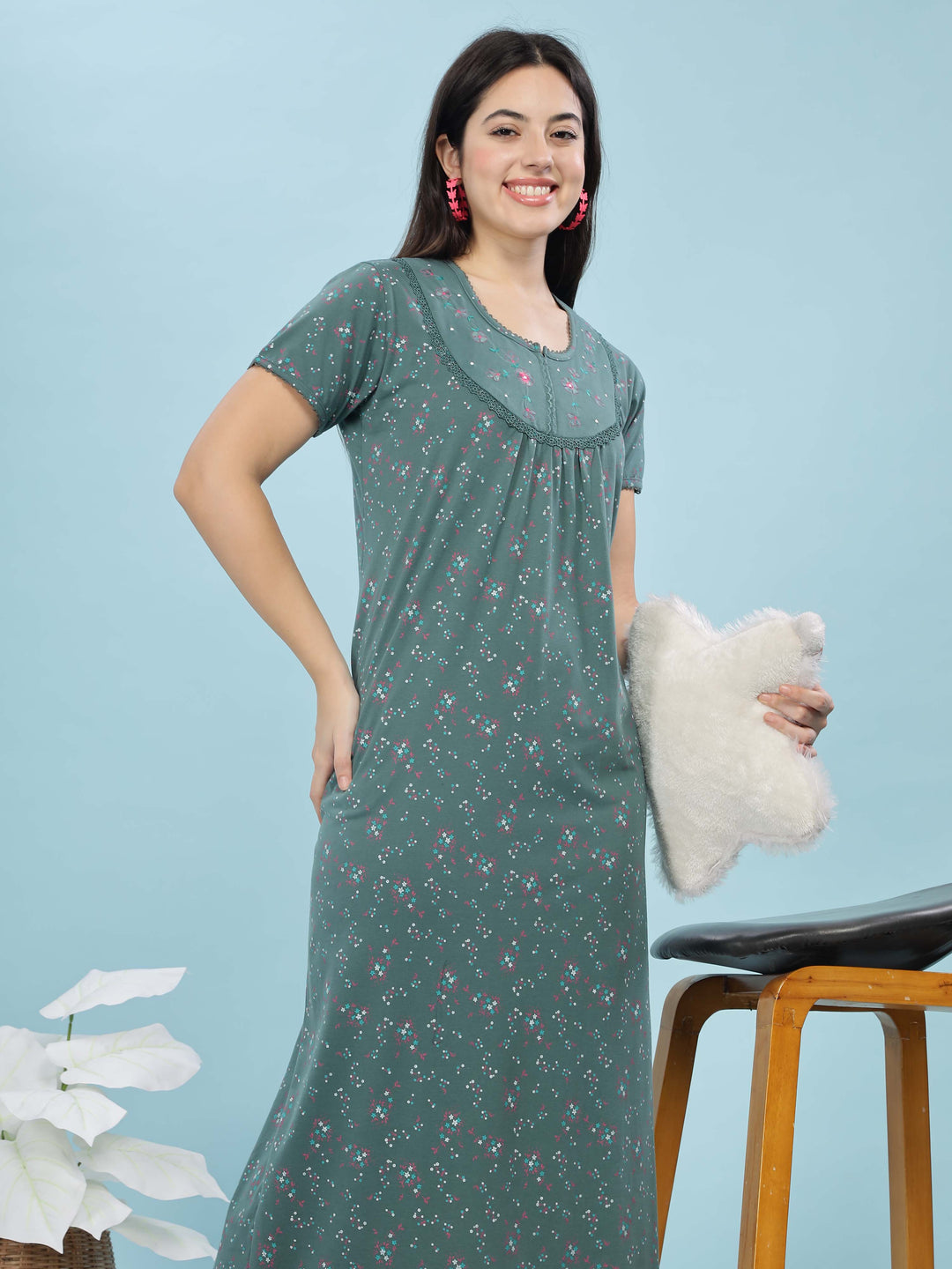 Jade Green Cotton Blend Maxi Nightdress for Women