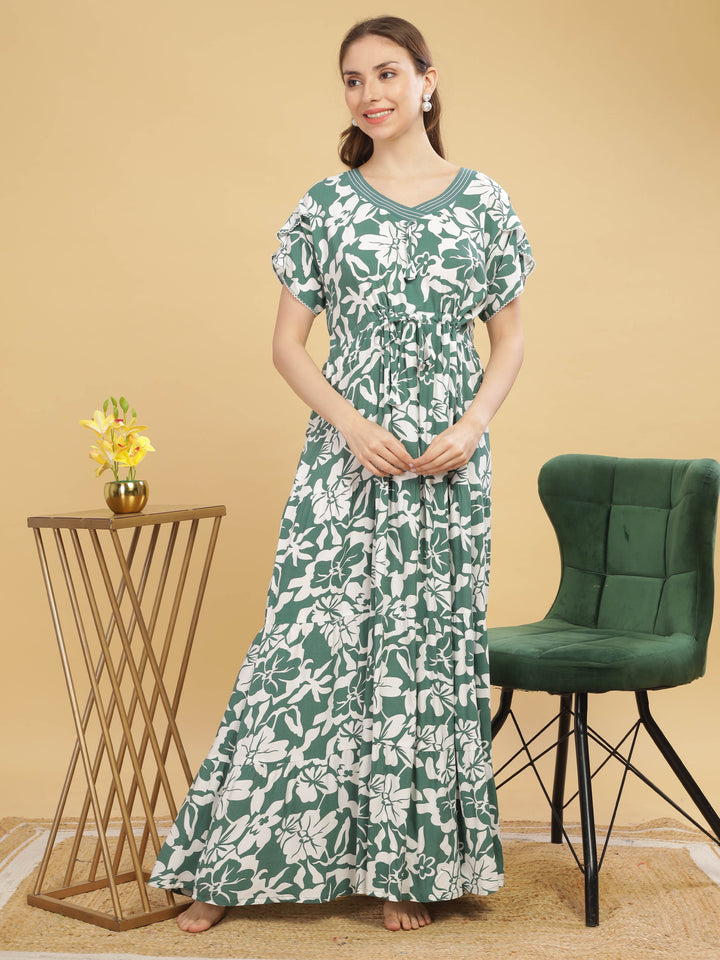 V neck green floral print nighty for women