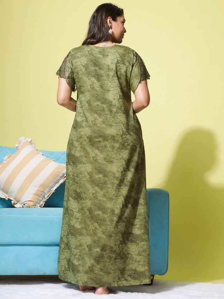  Micro Poly Viscose Nighty  Elegant Green Nighty: Geometric Print, Designer Neckline- 9shines label 