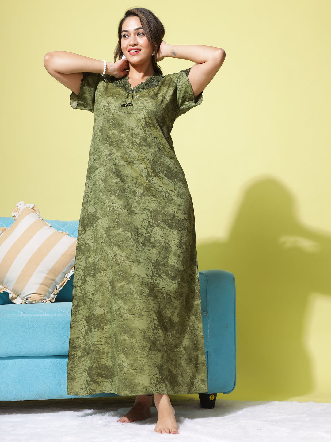  Micro Poly Viscose Nighty  Elegant Green Nighty: Geometric Print, Designer Neckline- 9shines label 