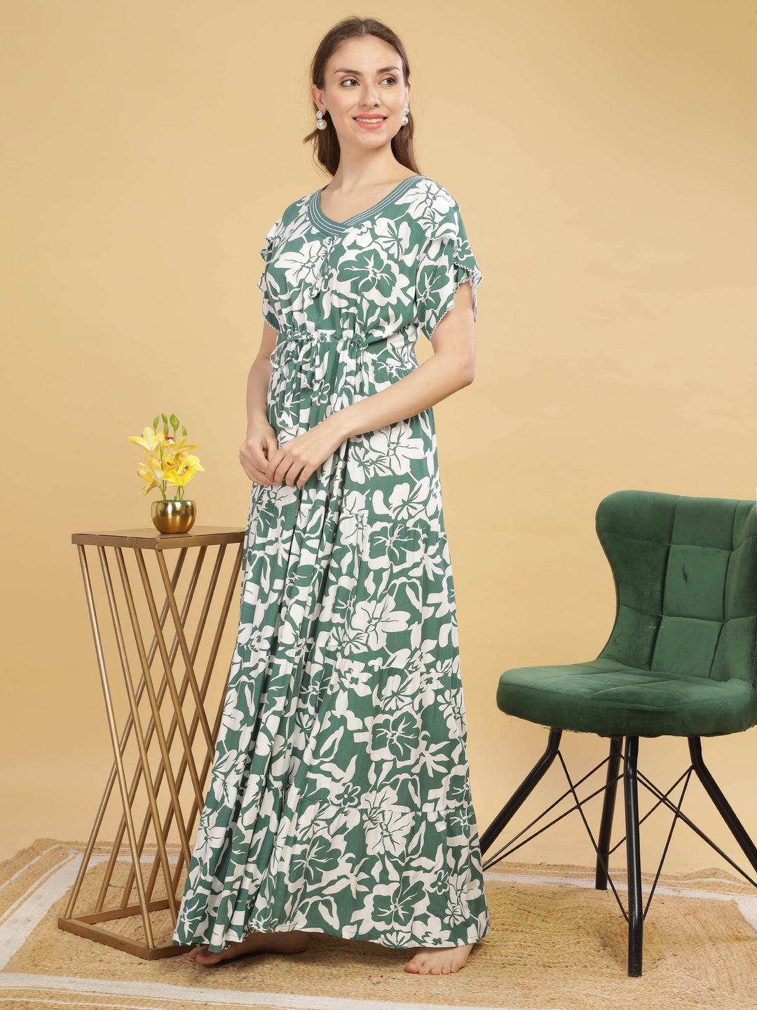 V neck green floral print nighty for women