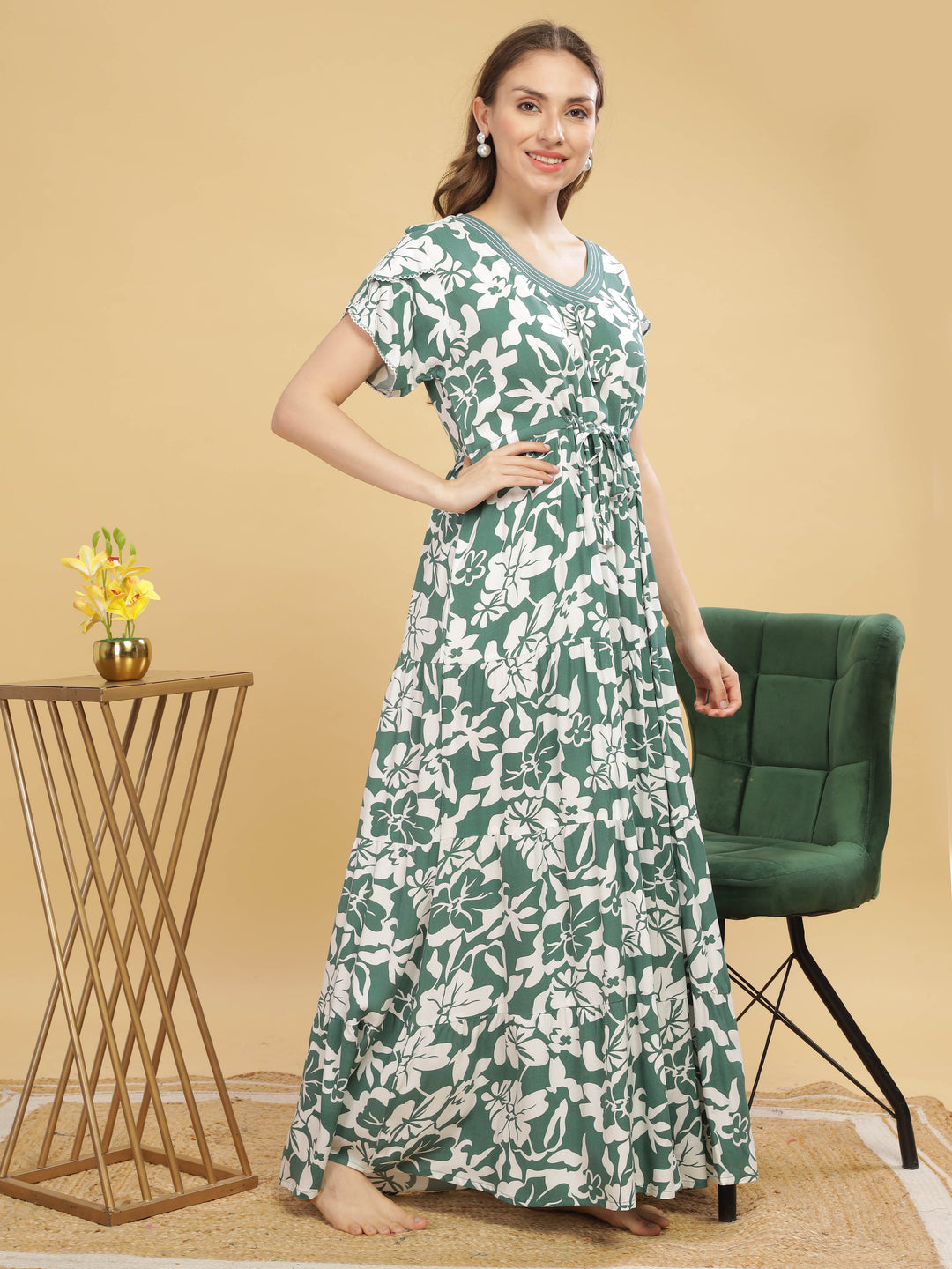 V neck green floral print nighty for women