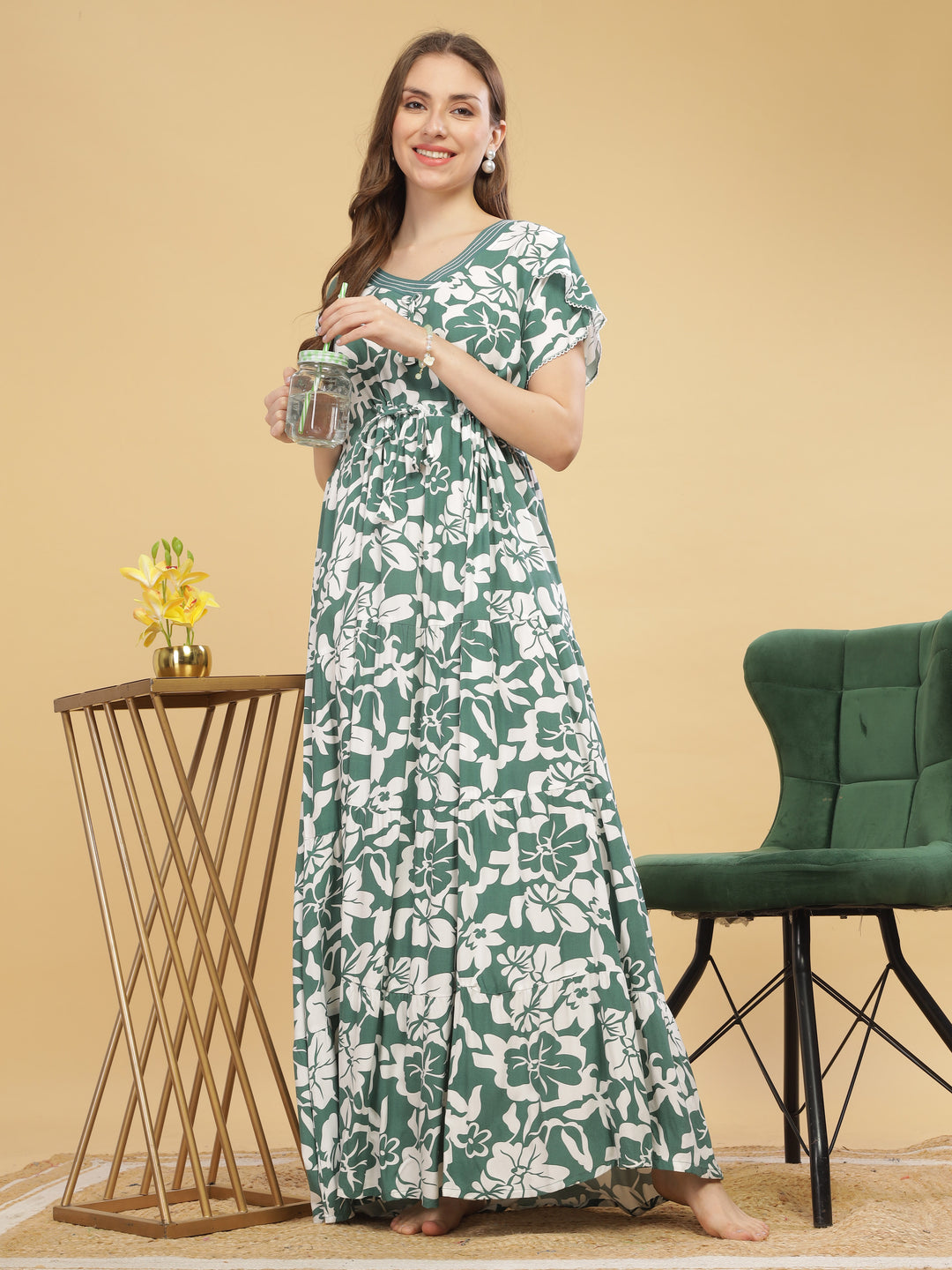 V neck green floral print nighty for women