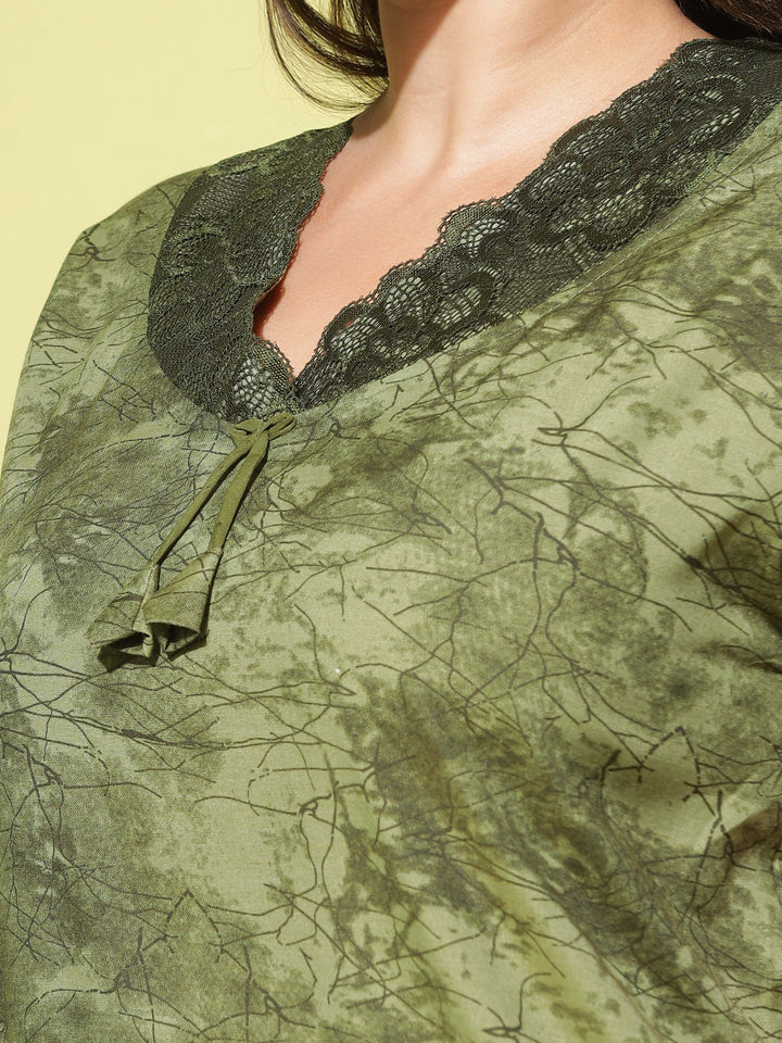  Micro Poly Viscose Nighty  Elegant Green Nighty: Geometric Print, Designer Neckline- 9shines label 