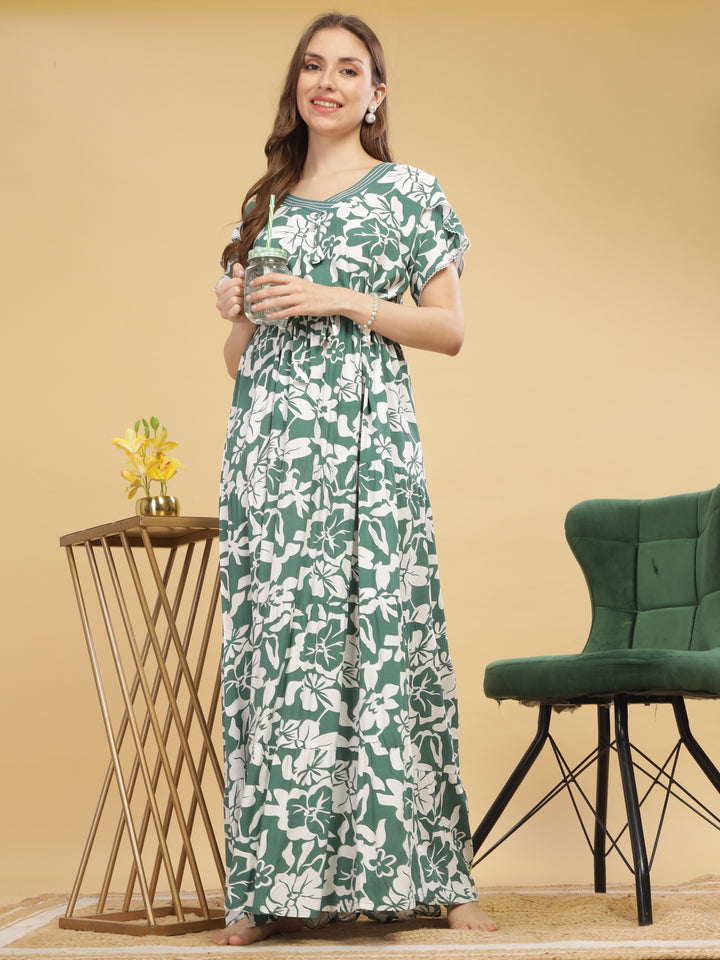 V neck green floral print nighty for women