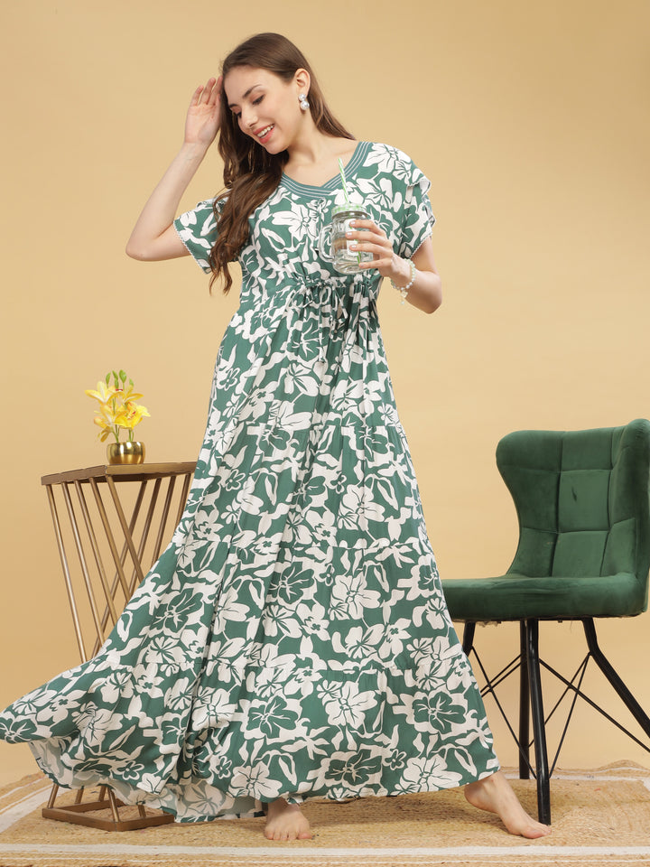 V neck green floral print nighty for women