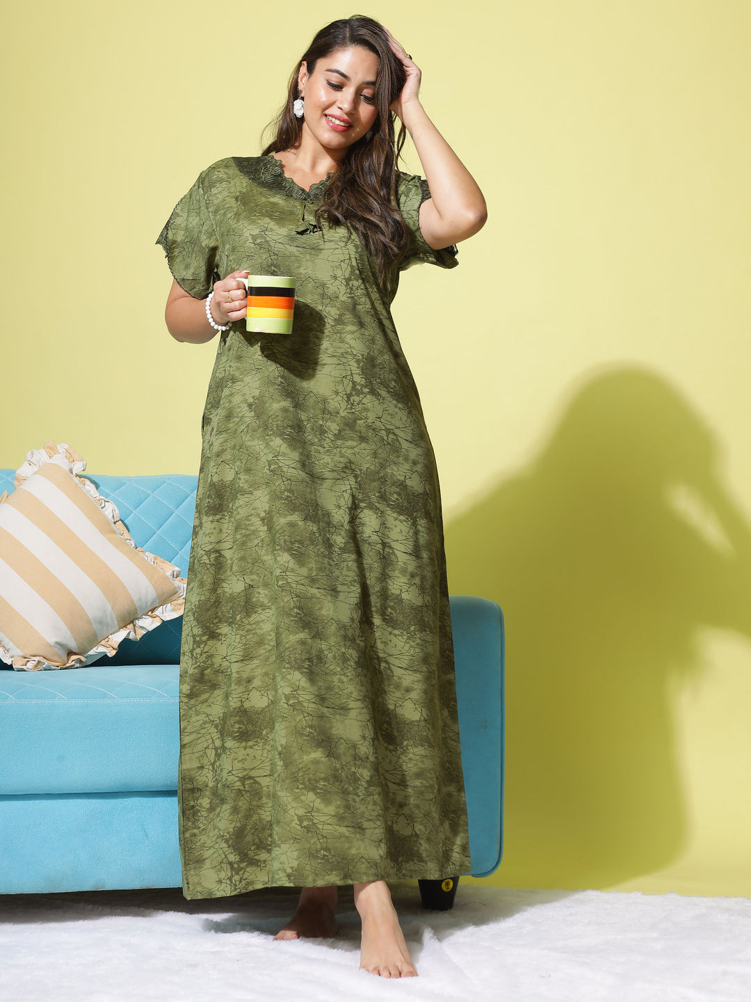  Micro Poly Viscose Nighty  Elegant Green Nighty: Geometric Print, Designer Neckline- 9shines label 