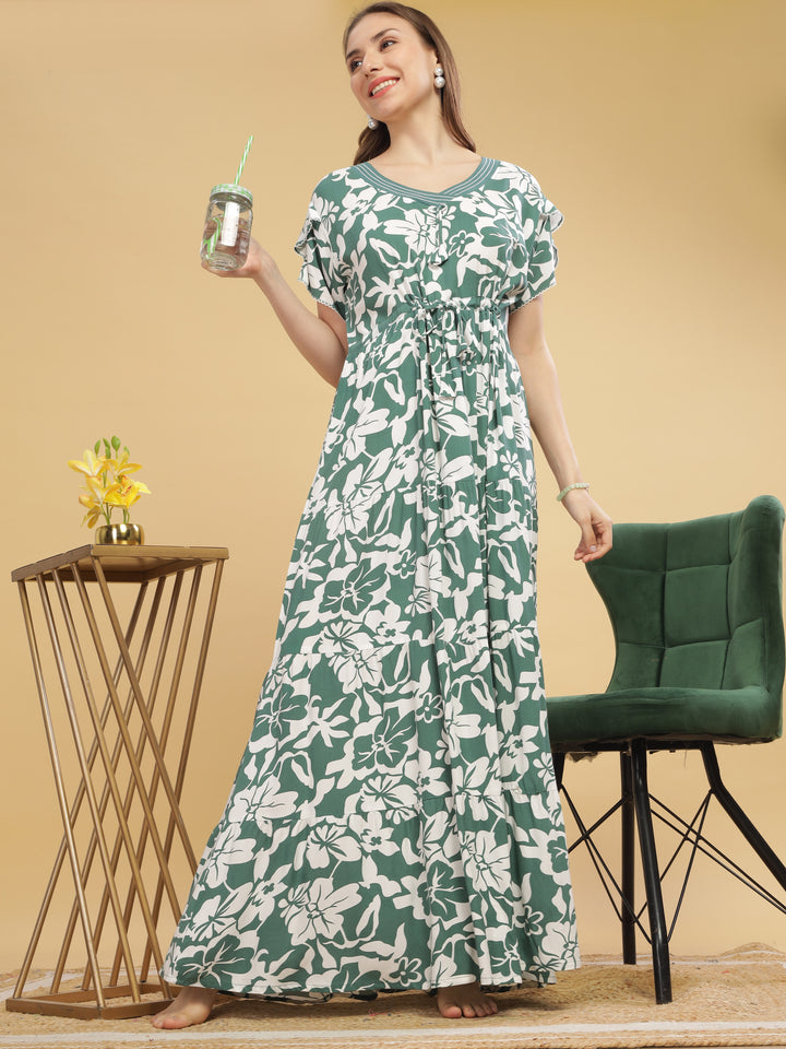 V neck green floral print nighty for women