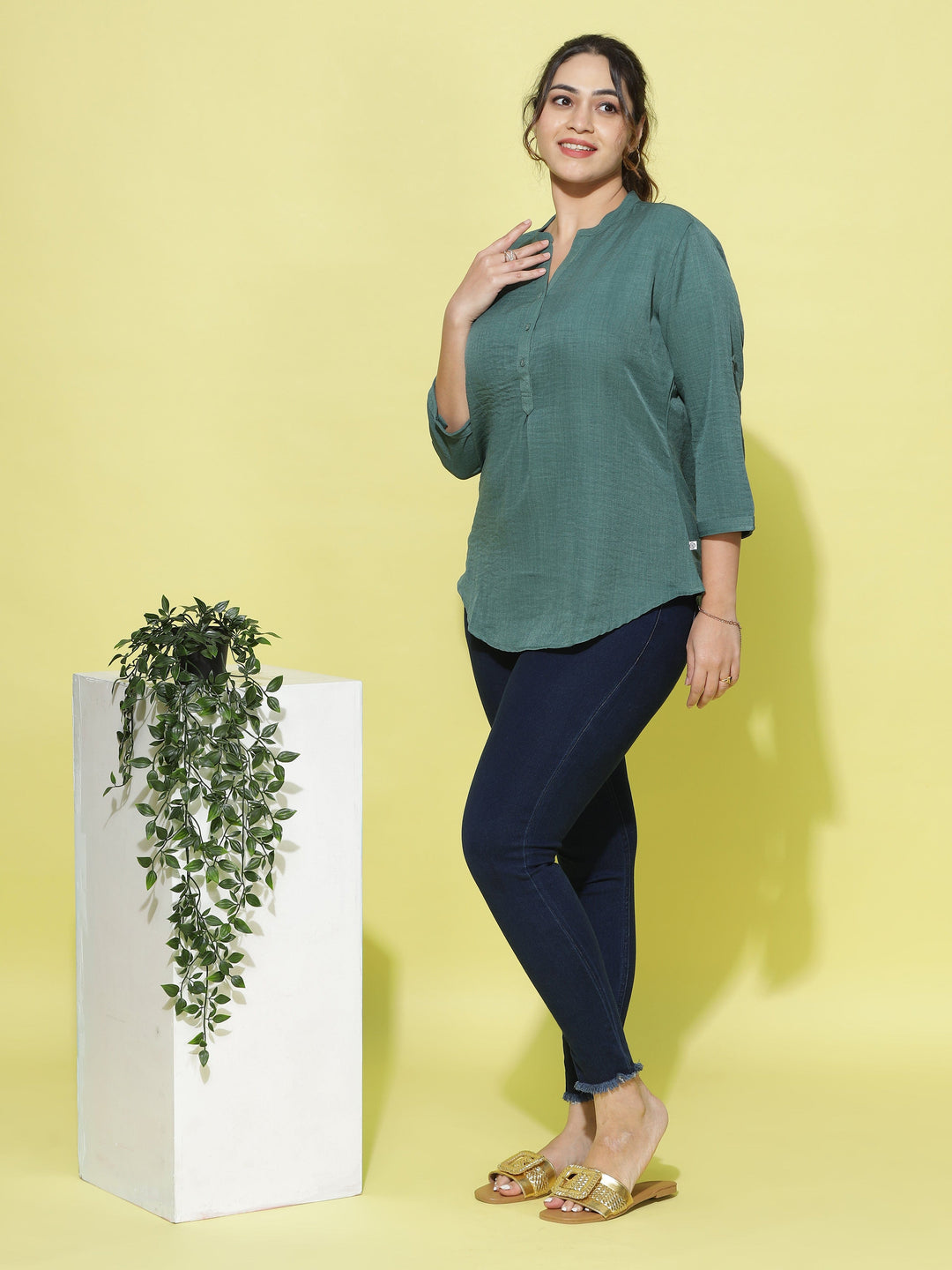  Casual Tops  Mandarin Collar Top - Buy Trendy Green Cotton Top Online- 9shines label 